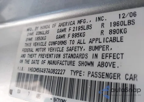 2007 Honda Accord 2.4 Lx from USA, damaged, VIN 1HGCM56497A082227